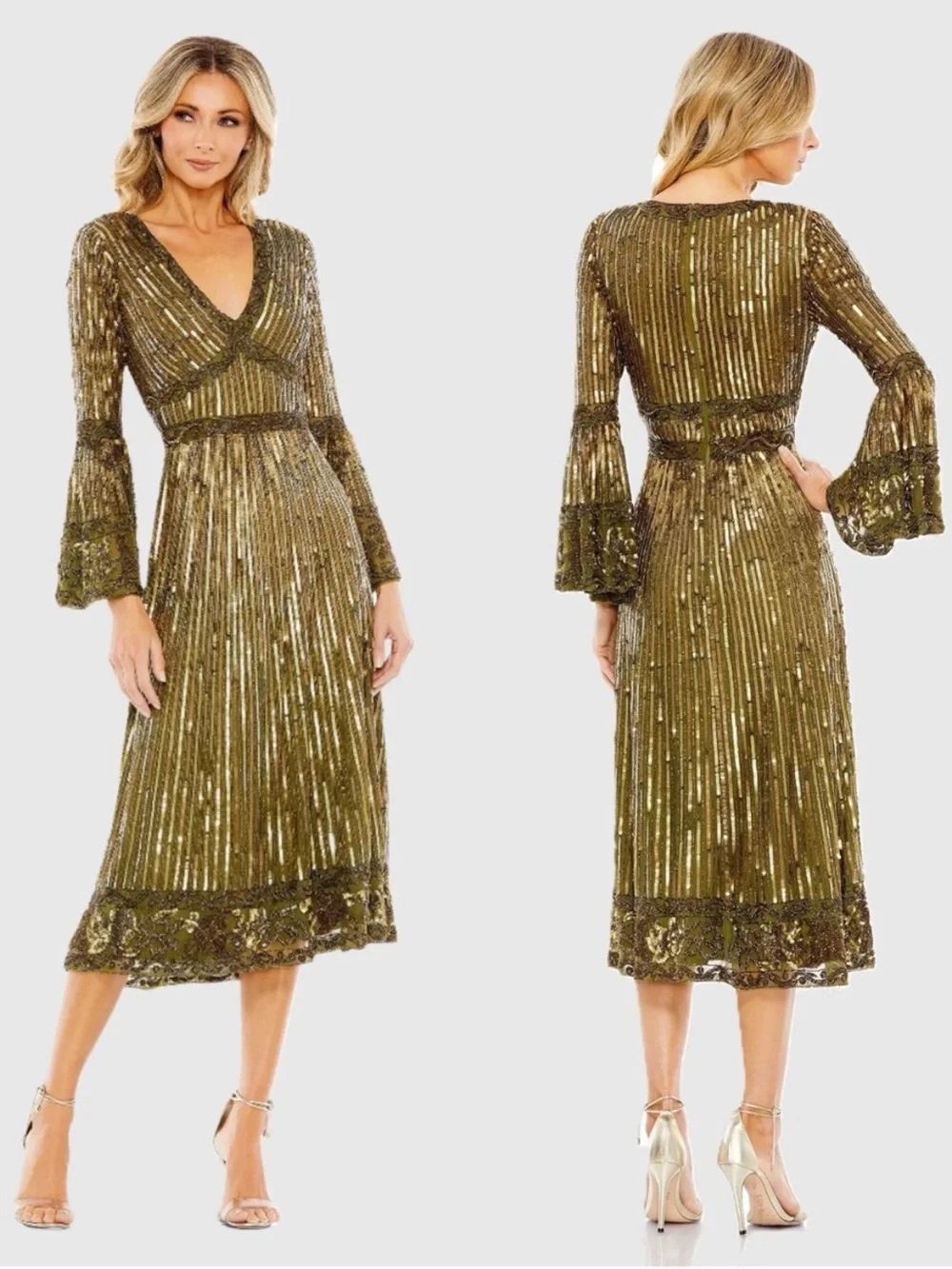 NWT Mac Duggal Green V-neck Embellished Bell Sleeve Midi Dress 5591 Size 14